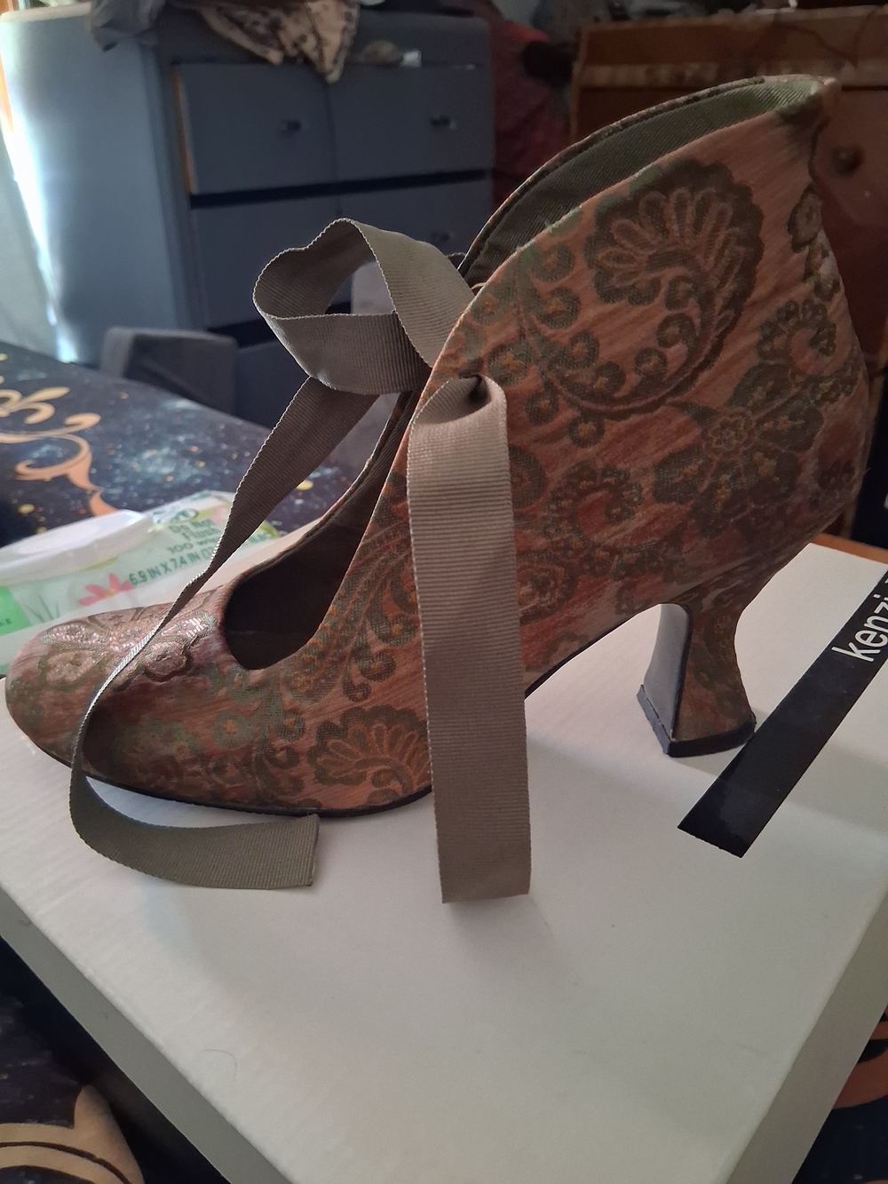 kenzie Olive Brocade Ribbon Tie Heels